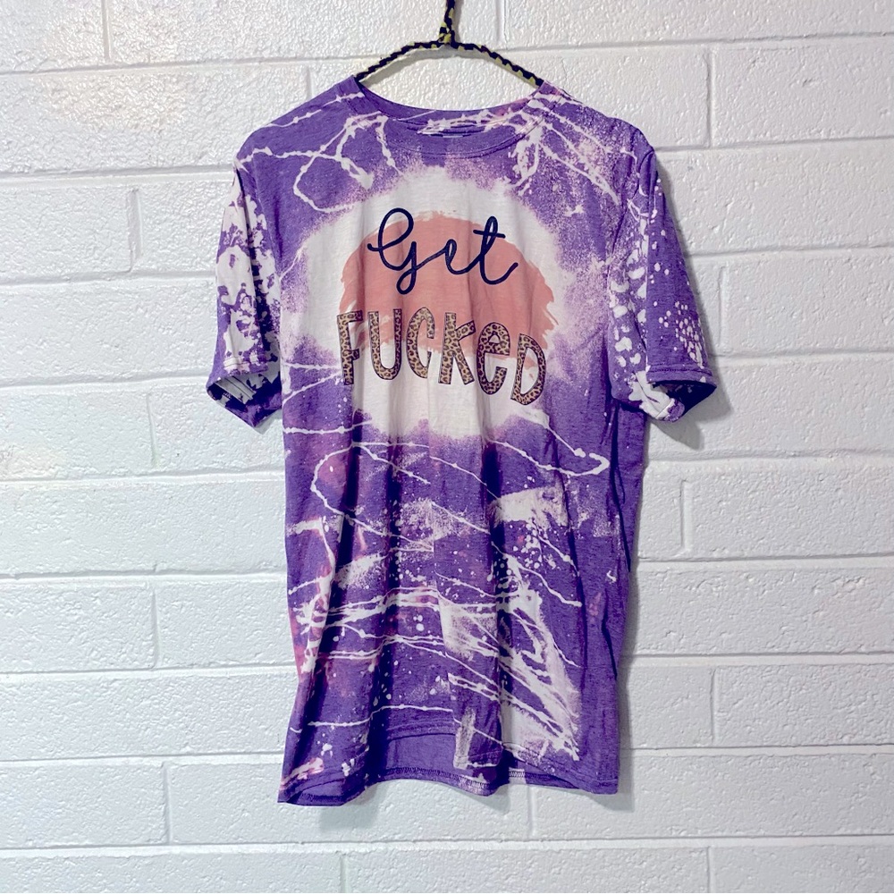 Crazy Tie Dye T Shirt Super Soft “ Get F***ed “ Purple Cheetah Animal Print M/L